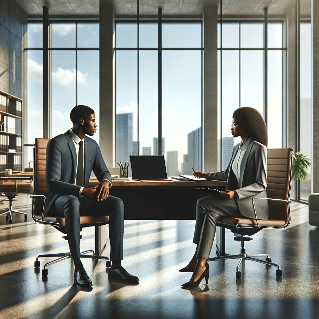 DALL·E 2024-01-18 02.57.48 - A high-definition, realistic photo of an office with two African business people in it. The office is modern and well-lit, with a large window offerin