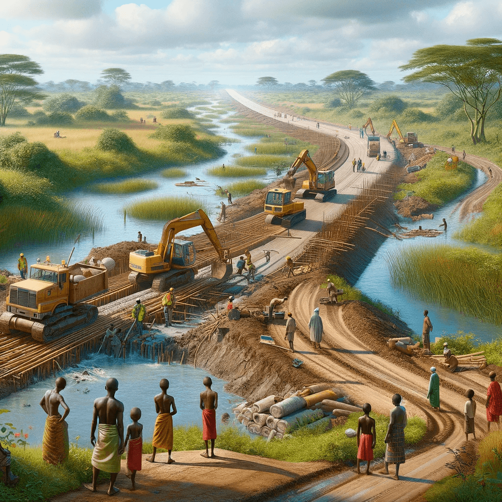 DALL·E 2023-11-09 19.22.55 - Create a highly photorealistic image depicting the perspective of construction workers in Africa, engaged in building a road in a swampy area. The for