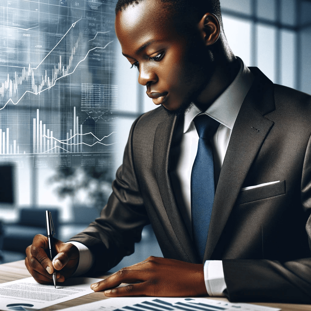 DALL·E 2024-01-18 02.41.55 - A realistic image of an African banker in a 1_1 ratio, actively writing. The banker is professionally dressed in a suit and tie, focused and writing o