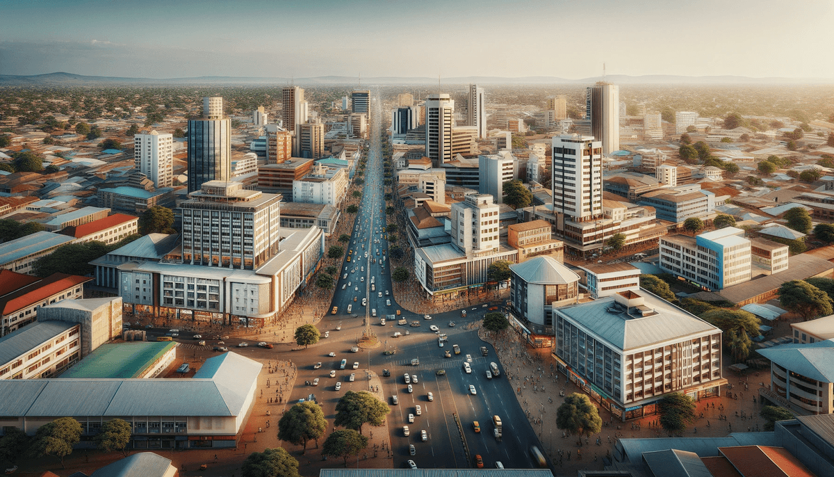 DALL·E 2023-11-25 14.56.41 - A realistic and detailed photograph of Lusaka, Zambia. The image showcases a panoramic view of the city skyline during the daytime. Prominent modern b
