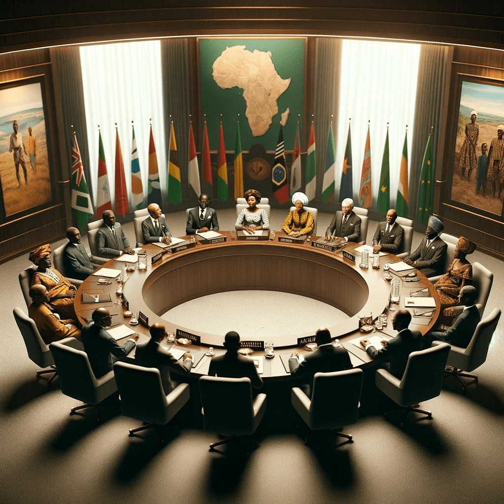 DALL·E 2024-01-18 02.49.09 - A realistic image in a 1_1 ratio, depicting a small conference focused on African leaders. The setting is an intimate, formal conference room with a c